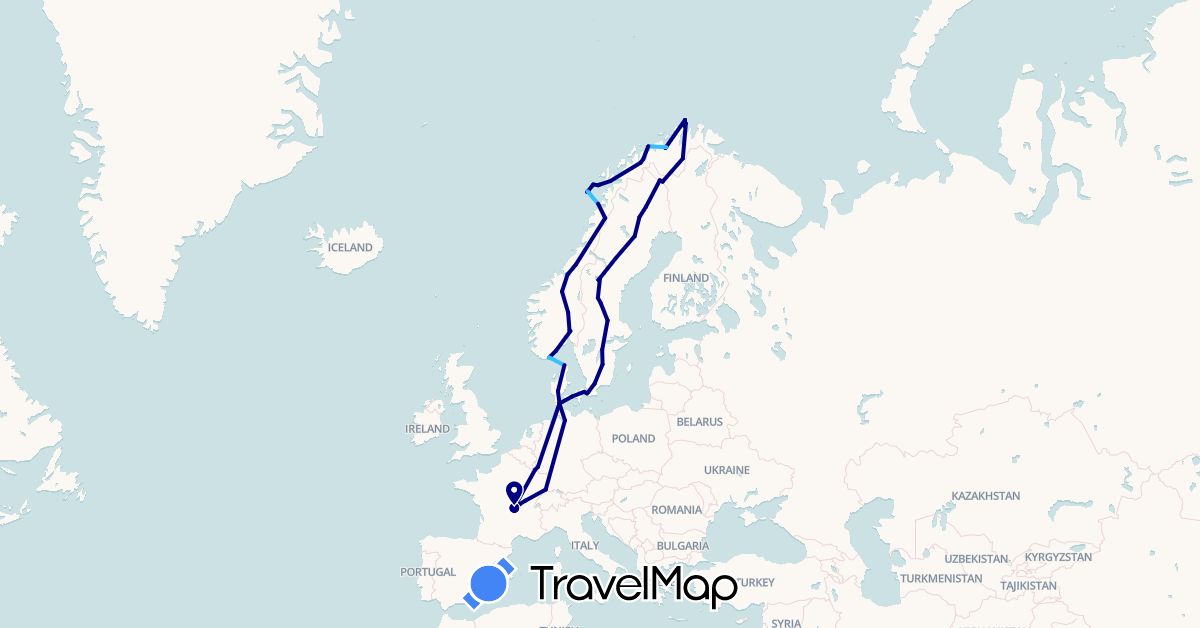 TravelMap itinerary: driving, boat in Germany, Denmark, Finland, France, Luxembourg, Norway, Sweden (Europe)
